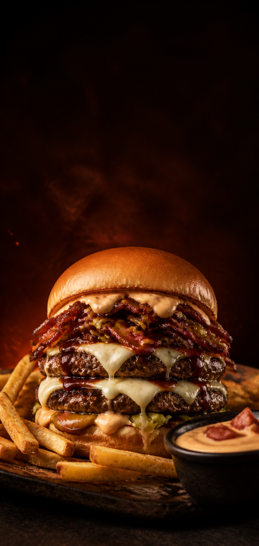Hamburguesa Smaky con doble carne, tocineta, queso, papas y salsa