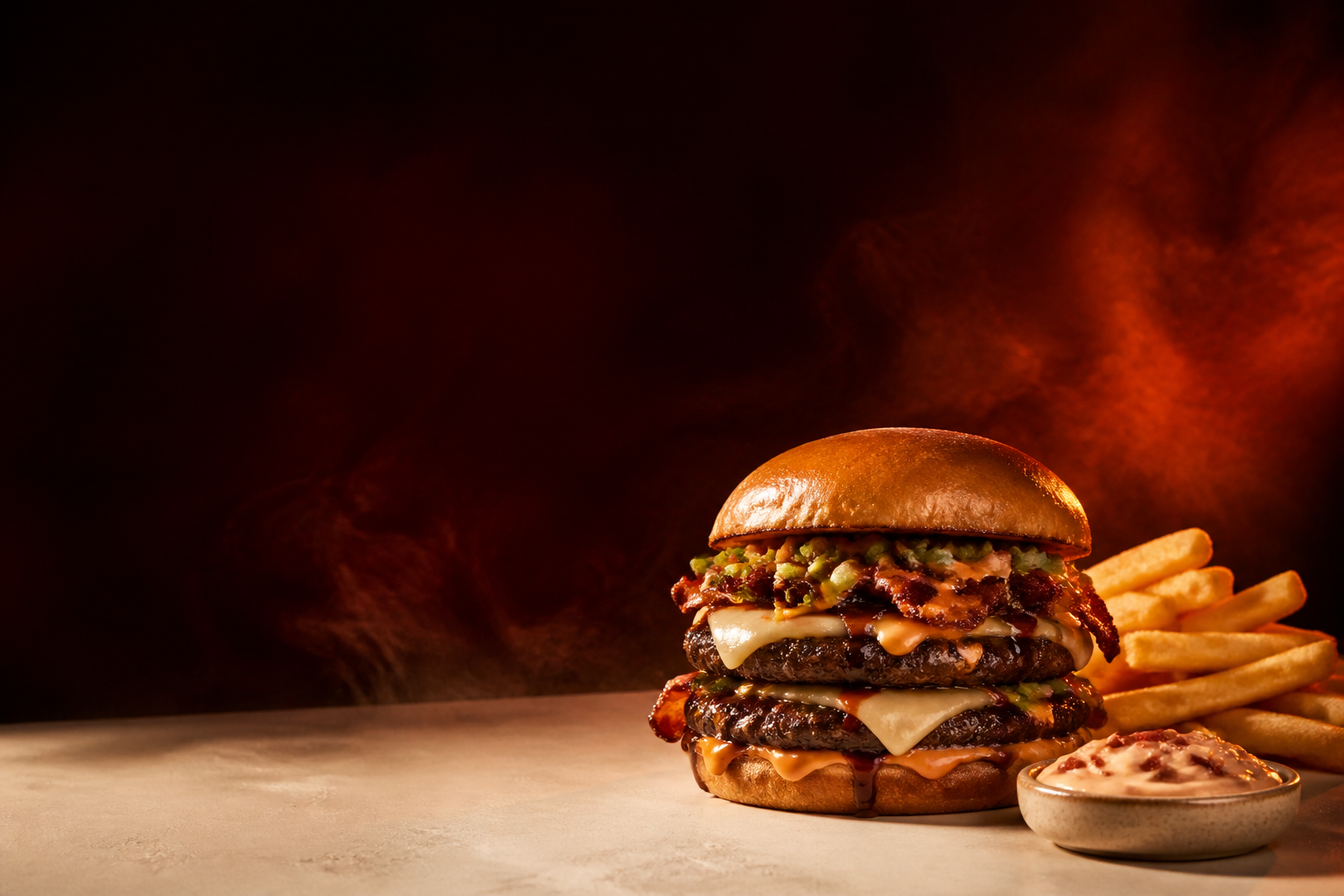 Combo Smaky con hamburguesa doble, papas y salsa de tocineta