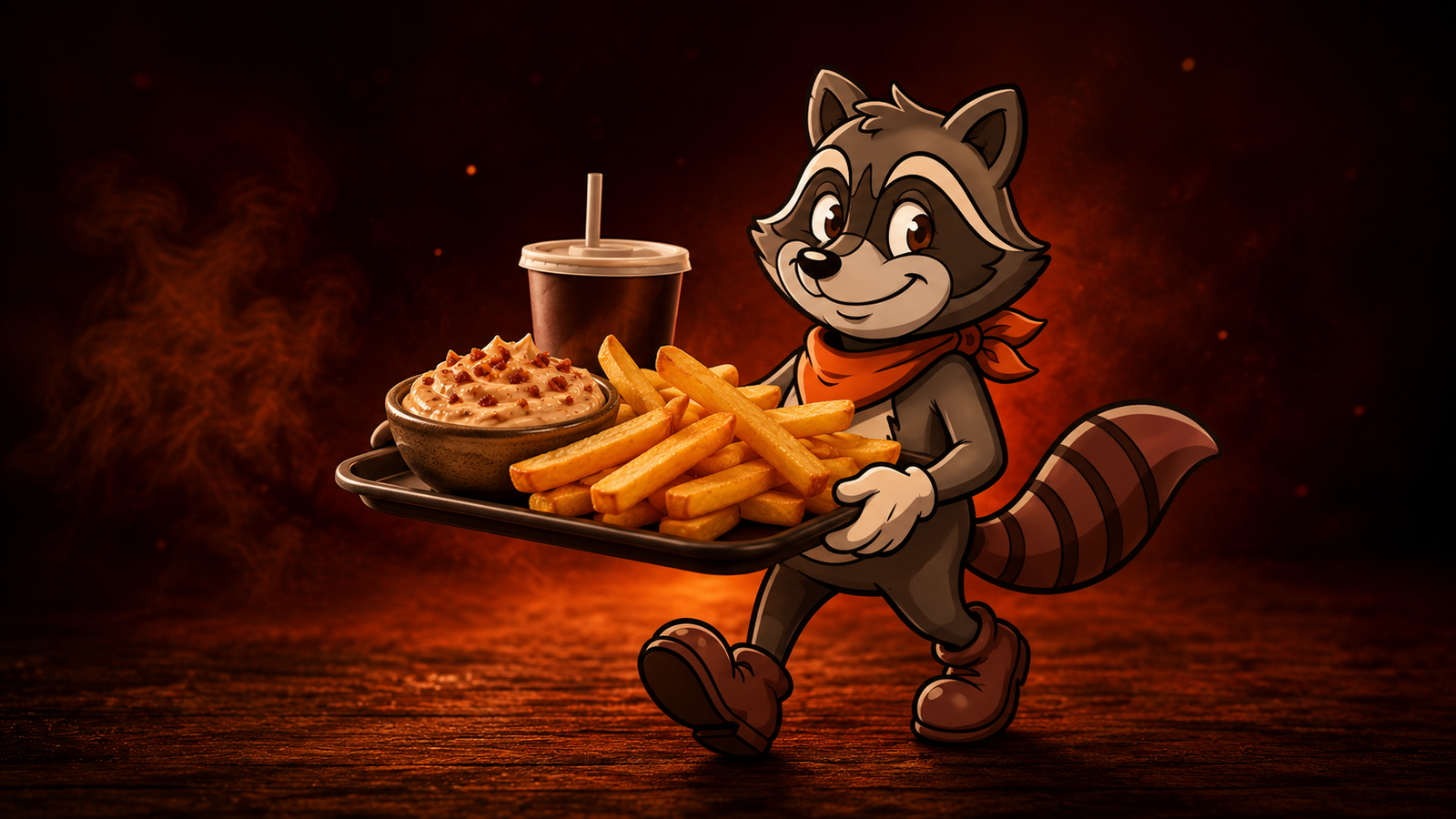 Smaky llevando papas con mayonesa de tocineta y gaseosa del combo
